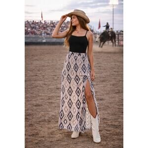 NEW Aztec Multi Printed Maxi Skirt Slit Hem Western Boho Rodeo Festival Cowgirl